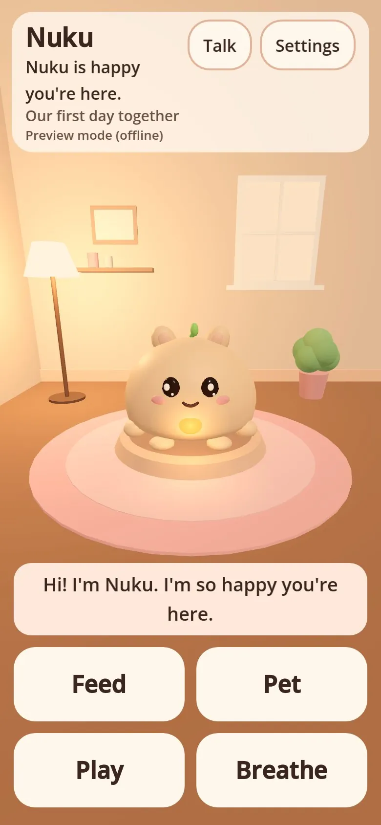The Nuku game on a phone: Nuku sits on a cushion in a warm room, with Feed, Pet, Play and Breathe buttons